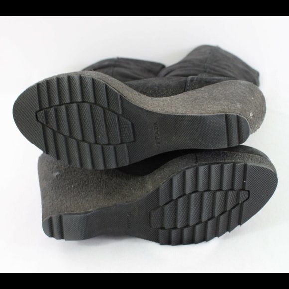 Prada Luxe Authentic Black Oiled Leather Ruched Wedge Knee High Boots Sz 39 US 9 - Picture 5 of 5